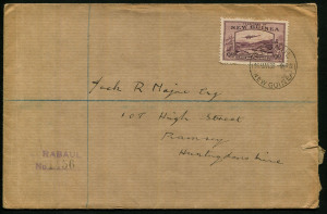 NEW GUINEA - Postal History: 1939 (May 16) registered cover to England with scarce solo franking of 9d Bulolo Air tied by RABAUL '18MAY39' datestamp, on reverse REGISTERED/HUNTINGDON and RAMSEY (arrival) datestamps.