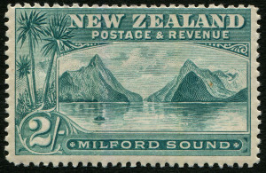 NEW ZEALAND: 1898 (SG.258) No Wmk Pictorials Perf 12-16 2/- grey-green Milford Sound fine mint, Cat. £160.