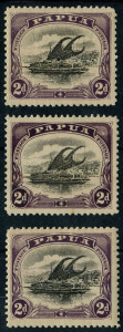 PAPUA: 1908 (SG.50) 2d black & purple, (3) Mint singles, being positions 12, 14 & 27.