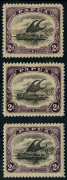 PAPUA: 1908 (SG.50) 2d black & purple, (3) Mint singles, being positions 12, 14 & 27.