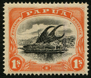 PAPUA: 1908 (SG.58) Small PAPUA, wmk upright perf.12½, 1/- black & orange [pos.20] with various characteristic varieties including the very obvious UFO at upper right. Fine Mint. Cat.£75.