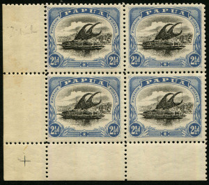 PAPUA: 1910 (SG.62) Small PAPUA, wmk sideways perf.11, 2½d black & dull blue, lower left corner block (4), superb MUH. Positions 21, 22 & 26, 27.