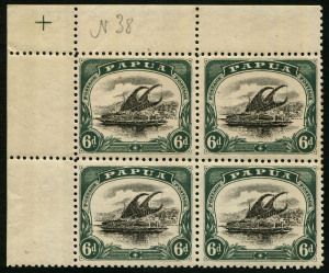 PAPUA: 1909 (SG.64) Small Papua, perf.11 wmk sideways, 6d black & myrtle-green, upper left corner block (4); super MUH. With the varieties consistent with positions 1, 2 / 6 & 7.