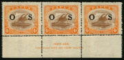 PAPUA: OFFICIALS: 1931 (SG.O60) 4d light-brown & orange, horizontal strip (3) with full Ash Imprint. MLH/MUH.
