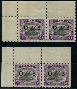 PAPUA: OFFICIALS: 1932 (SG.O63) 9d lilac & violet, 2 upper left corner pairs, one showing the "Rift in clouds" variety, the other showing the "Rift in clouds, retouched" (2nd state); stamps all superb MUH. (4).