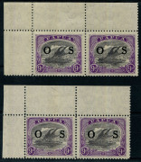 PAPUA: OFFICIALS: 1932 (SG.O63) 9d lilac & violet, 2 upper left corner pairs, one showing the "Rift in clouds" variety, the other showing the "Rift in clouds, retouched" (2nd state); stamps all superb MUH. (4).&nbsp;