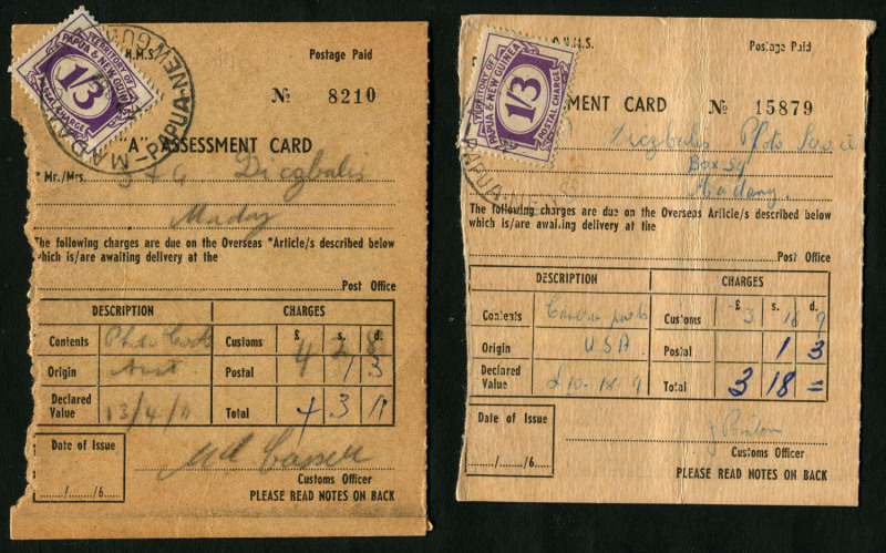 PAPUA - Postal History: Early 1960s Customs Assessment Cards (2) each with 1/3d Postal Charges affixed and tied by MADANG datestamps to pay duty. (2)