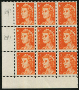 Australia: Decimal Issues: AUSTRALIA: 1970-73 (SG.387a) 6c Orange QE11, lower left cnr.blk.(9) with varieties "Recut shading under 6c" and "Missing frame left of UST of AUSTRALIA". BW:445d & e. Fine & fresh MUH.
