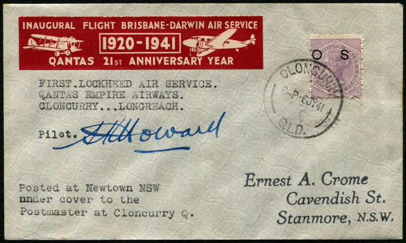 Australia: Aerophilately & Flight Covers: July 1941 (AAMC.919a) Cloncurry - Longreach "Lockheed Electra" flown cover with special vignette for Qantas' 21st Anniversary Year; signed by pilot Capt. P.K. Howard.