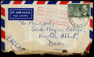 Australia: Aerophilately & Flight Covers: 13 March 1954 (AAMC.1337) A charred cover addressed to England, retrieved from the crash of the BOAC Constellation "Belfast" at Singapore; with boxed cachet in red "SALVAGED MAIL / AIRCRAFT CRASH / SINGAPORE 13.3.1954".