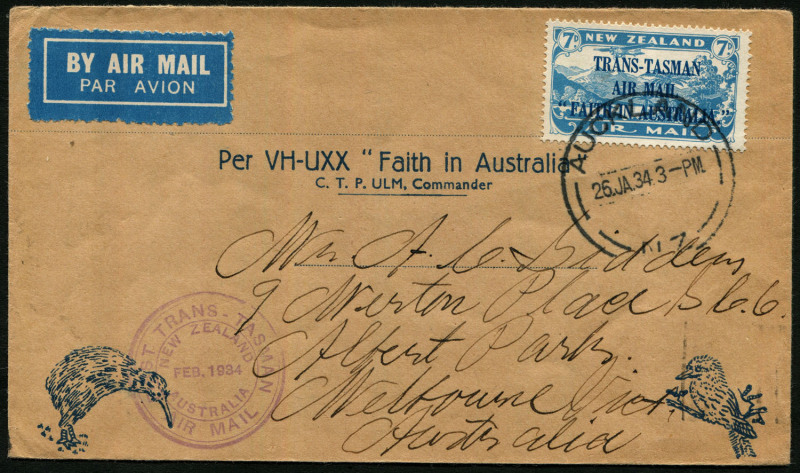 Australia: Aerophilately & Flight Covers: 17 Feb.1934 (AAMC.360) Auckland - Melbourne First Trans-Tasman flight cover bearing the 7d Trans-Tasman overprint. Very fine and fresh.