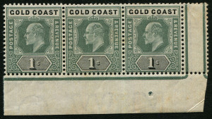 GOLD COAST: 1902 (SG.44) Crown CA, 1/- green & black Edward VII, corner strip of (3) from the left pane, fresh MUH. Cat.£80++