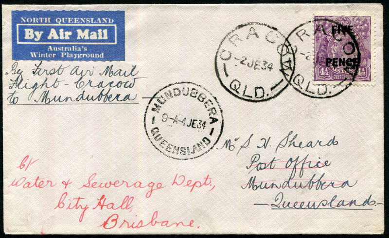 Australia: Aerophilately & Flight Covers: 2 June 1934 (AAMC.385) Cracow - Mundubbera flown cover, carried by Ron Adair for Aircrafts Pty Ltd.