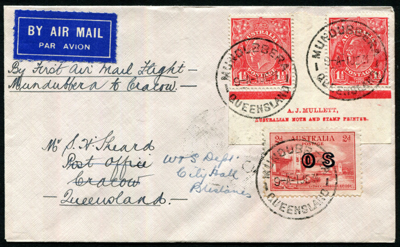 Australia: Aerophilately & Flight Covers: 2 June 1934 (AAMC.384) Mundubbera - Cracow flown cover, carried by Aircrafts Pty Ltd on their first flights. Ron Adair was the pilot; small mails were carried. The adhesives comprise a Mullett Imprint pair + 2d Br