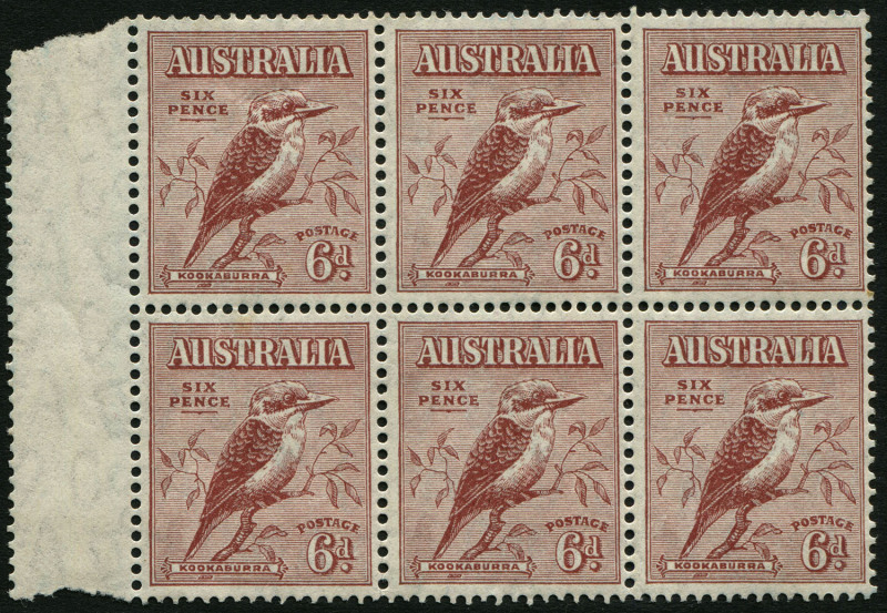 Australia: Other Pre-Decimals: AUSTRALIA: 1932 (SG.146) 6d Typographed Kookaburra, marginal block (6) MUH. 