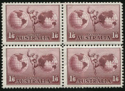 Australia: Other Pre-Decimals: AUSTRALIA: 1934 (SG.153) No Watermark 1/6 claret Hermes Airmail, superb MUH block of (4). Very attractively centred.