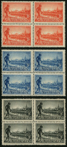 Australia: Other Pre-Decimals: 1934 (SG.147-49) Victorian Centenary set of 3 (perf.10.5) in attractively centred blocks of 4, MUH. (12).