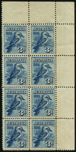 Australia: Other Pre-Decimals: AUSTRALIA: 1928 (SG.106) 3d Kookaburra, beautifully centred upper right corner blk.(8) MUH.