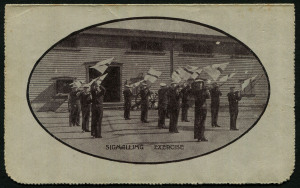 Australia: Postal Stationery - Letter Cards:1914-18 Military Views (BW:LC27/M9B) 1d KGV Sideface Design P12½ in purple-brown on Grey to Greenish-Grey Card, white interior, "Signalling Exercise" illustration, opening tear on the address portion, 1916 (Mar.11) postal use from Melbourne to Coburg, Cat $120.