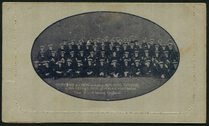Australia: Postal Stationery - Letter Cards:1914-18 Military Views (BW:LC27/M8B) 1d KGV Sideface Design P12½ in purple-black on Grey to Greenish-Grey Card, white interior, "Officers and Crew including H.M. King George..." illustration, sealed on two sides, few light tones, Cat $175.