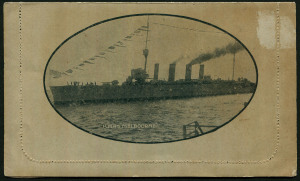 Australia: Postal Stationery - Letter Cards:1914-18 Military Views (BW:LC27/M3B) 1d KGV Sideface Design P12½ in black on Grey to Greenish-Grey Card, white interior, "H.M.A.S. MELBOURNE." illustration, somewhat aged, especially view side, Cat $175.