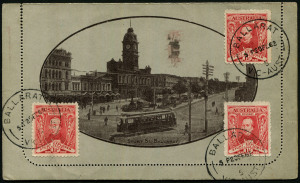 Australia: Postal Stationery - Letter Cards:1914-18 (BW:LC18/127B) 1d KGV Sideface Design P12½ Die 1 in purple-brown on Grey Surfaced Card with Off-White/Cream Interior, "Sturt St, Ballarat" illustration, out-of-period 1962 Ballarat to England use, with four 1½d Sturt added & tied by BALLARAT '20FE62' datestamps.