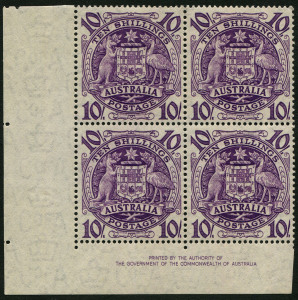 Australia: Other Pre-Decimals: 1949 (SG.224b) 10/- Arms, Authority Imprint block (4) superb MUH.