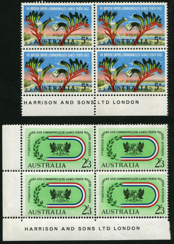 Australia: Other Pre-Decimals: 1962 (SG.346-7) 5d & 2/3 Perth Games, Harrison Imprint blks.4, MUH. (8).