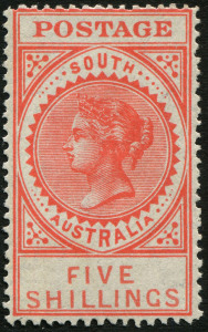 SOUTH AUSTRALIA: 1906-12 (SG.305) Crown over A wmk 5/- bright rose "POSTAGE" (thick), cery fresh MLH. Cat.£140.