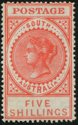 SOUTH AUSTRALIA: 1906-12 (SG.305) Crown over A wmk 5/- bright rose "POSTAGE" (thick), cery fresh MLH. Cat.£140.