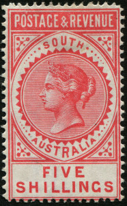 SOUTH AUSTRALIA: 1886-96 (SG.196a) 5/- rose-pink ("POSTAGE & REVENUE") perf.12.5 x 11.5, fresh MUH.