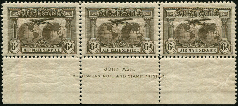 Australia: Other Pre-Decimals: 1931 (SG.139) 6d sepia AIR MAIL, Ash Imprint strip of (3) superb MUH.