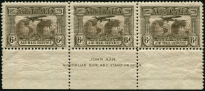 Australia: Other Pre-Decimals: 1931 (SG.139) 6d sepia AIR MAIL, Ash Imprint strip of (3) superb MUH.