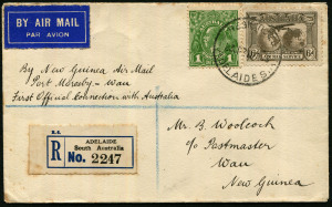 Australia: Aerophilately & Flight Covers: 4-10 Feb.1933 (AAMC.296b) Australia - Port Moresby - Wau first flight registered cover from Adelaide, with WAU arrival b/stamp. Pilot was Orme Denny for Guinea Airways. [148 Reg'd covers flown].