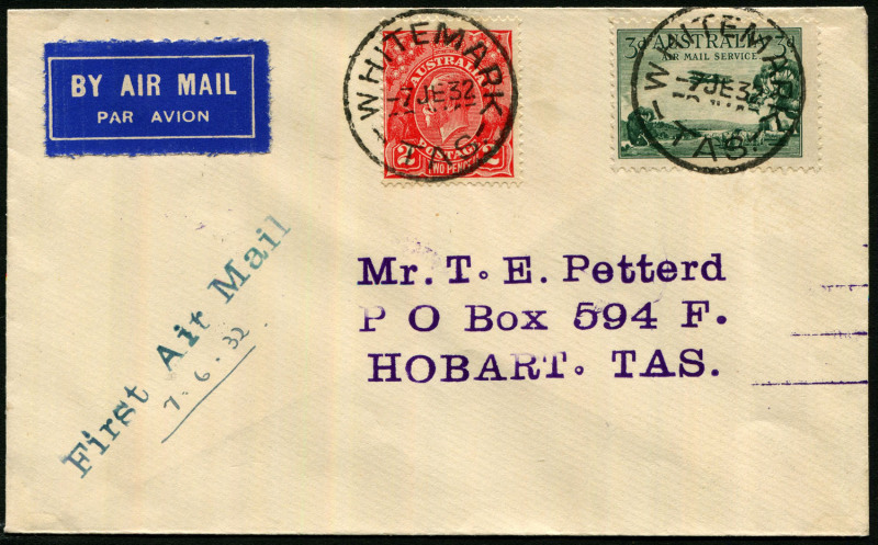 Australia: Aerophilately & Flight Covers: Flinders Island - Launceston flown cover, carried by pilot L. Johnson on his inaugural bi-weekly service; adhesives tied by WHITEMARK cds's. [73 flown].