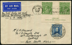 Australia: Aerophilately & Flight Covers: 1 Sept.1932 (AAMC.280) Brisbane - Sydney flown cover, carried on the inaugural New England Airways Ltd service via Lismore. Franking includes 1d KGV Imprint pair. 