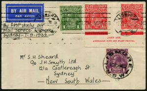 Australia: Aerophilately & Flight Covers: 1 Sept.1932 (AAMC.281a) Lismore - Sydney flown cover, carried on the inaugural New England Airways Ltd service via Lismore. Franking includes KGV Imprint pair. 