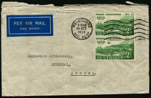 Australia: Postal History: 1953 (Oct 14) Steakmest & Hibbs double rate small airmail cover to Sweden with 2/- Tasmania Sesquicentenary pair tied by Melbourne machine cancel, opened on two sides. Scarce multiple on cover.