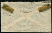 Australia: Postal History: 1953 (Oct 14) Steakmest & Hibbs double rate small airmail cover to Sweden with 2/- Tasmania Sesquicentenary pair tied by Melbourne machine cancel, opened on two sides. Scarce multiple on cover. - 2