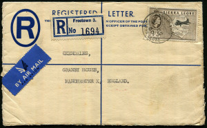 SIERRA LEONE: 1960 (Oct.31) used of Size G 6d Registration Envelope sent from "Resident Naval Officer's Office, H.M. Naval Base (Freetown) with QEII 1/3d Airplane & Map added for airmail transit to England, adhesive tied by 'GARRISON MAIL/31OC/60' datestamp, with three further fine strikes of the cds on reverse, with 'REGISTERED/SIERRA LEONE' oval datestamp alongside.