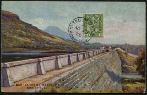 MAURITIUS: 1926 (Aug.30) PPC (image "Dam- La Ferme Resevoir, Mauritius) to Ecuador with 3c Arms adhesive tied to view side tied by 'GENERAL POST OFFICE/30AU/26' datestamp. Most attractive.