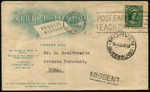 Australia: Postal History: 1948 (Sep.15) Albert Joseph (produce merchant, Forest Hill, Qld) illustrated printed matter rate cover to Rome with 1½d QM tied by Toowoomba slogan cancel, cover apparently misdirected to MORVERN (Qld) where superb '18SE48' cds applied with 'MISSENT' handstamp beneath, unsealed flap. Very fine condition.