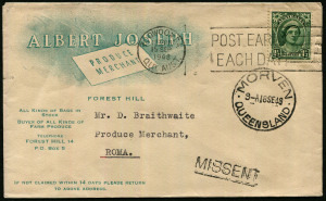 Australia: Postal History: 1948 (Sep.15) Albert Joseph (produce merchant, Forest Hill, Qld) illustrated printed matter rate cover to Rome with 1½d QM tied by Toowoomba slogan cancel, cover apparently misdirected to MORVERN (Qld) where superb '18SE48' cds 