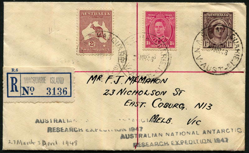 ANTARCTICA: 1948 (Mar.27) ANARE Macquarie Island registered cover to Melbourne with 2/- Roo, 1/4d KGVI & 1d QM tied by 'A.N.A.R.E. MACQUARIE ISLAND' datestamps on reverse MELBOURNE REGISTERED datestamp and large oval 'POST OFFICE/COBURG N13' datestamp (WW