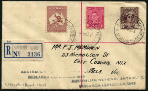 ANTARCTICA: 1948 (Mar.27) ANARE Macquarie Island registered cover to Melbourne with 2/- Roo, 1/4d KGVI & 1d QM tied by 'A.N.A.R.E. MACQUARIE ISLAND' datestamps on reverse MELBOURNE REGISTERED datestamp and large oval 'POST OFFICE/COBURG N13' datestamp (WWW.310, Rated 2R)