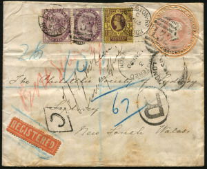 NEW SOUTH WALES - Postal History: 1890 (Mar.13) inwards postal stationery envelope from Brighton, England addressed to "The Philatelic Society of Sydney" with 1d pink indicia with oval surround for the "PUBLISHERS OF THE PERMANENT STAMP ALBUM/BRIGHTON". 1d lilac (2) & 3d Jubilee added for registered transit to NSW, cover undelivered with "EJS McLean/Survey Office" marking on face and handwritten notice "The Philatelic Society of Sydney, was dissolved in 1886.