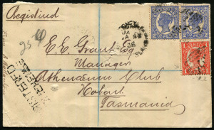 QUEENSLAND - Postal History: 1905 (Jan.27) registered Tatts cover with two-line 'REGISTERED/STONEHENGE' handstamp, stamps tied by indistinct numeral with STONEHENGE datestamp alongside, on reverse 'REGISTERED/ROCKHAMPTON', 'TPO NO 3/DOWN/QUEENSLAND' & 'TPO/QUEENSLAND' transits & REGISTERED/HOBART' arrival backstamp.