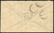 QUEENSLAND - Postal History: 1905 (Jan.27) registered Tatts cover with two-line 'REGISTERED/STONEHENGE' handstamp, stamps tied by indistinct numeral with STONEHENGE datestamp alongside, on reverse 'REGISTERED/ROCKHAMPTON', 'TPO NO 3/DOWN/QUEENSLAND' & 'TP - 2