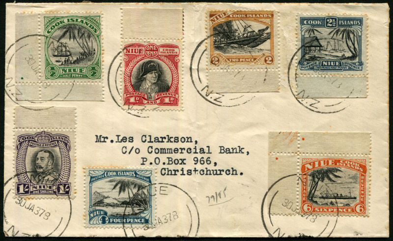 NIUE: 1932-36 (SG.62-68) ½d to 1/- set of marginal examples tied by 'NIUE/30JA37' datestamps to cover addressed to New Zealand, vertical fold (clear of stamps) & some trivial toning.