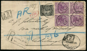 NEW SOUTH WALES - Postal History: 1898 (Jan.26) Wilcox Smith & Co (stamp dealer) registered cover to Edinburgh with 2d Sideface block of 4 plus ½d black tied by DUNEDIN '26JA98' datestamps, 'AR' marking and handstamps, on reverse fine 'BLUFF' transit and 'REGISTERED/EDINBURGH' arrival backstamp. Very fine condition.